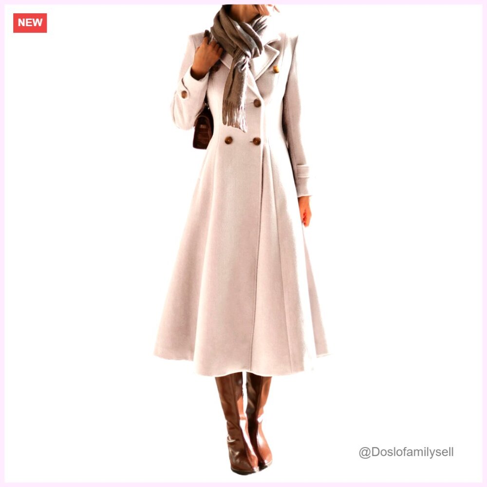 Long Wool Trench Coat Double Breasted Classic Elegant Office Wear Slim Fit